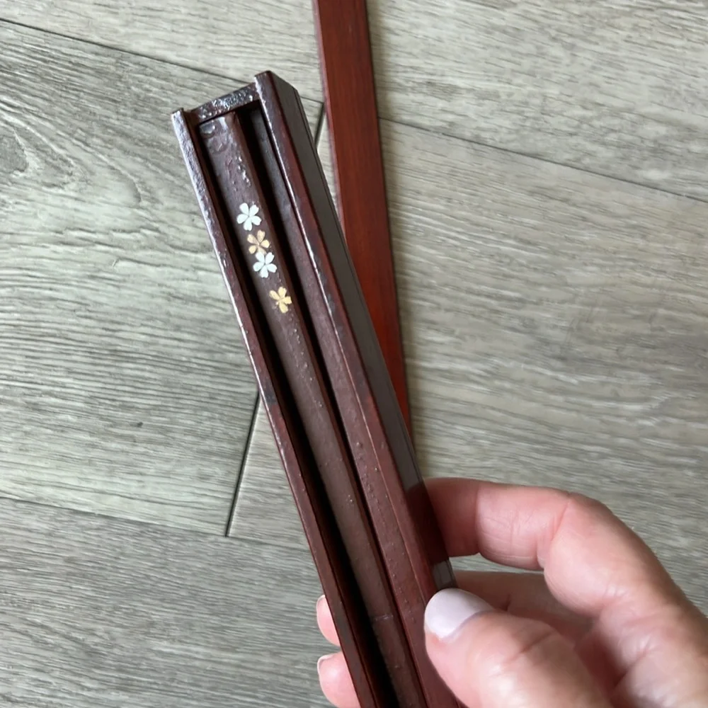 Vintage Japanese Wooden Chopsticks with matching case Floral decoration